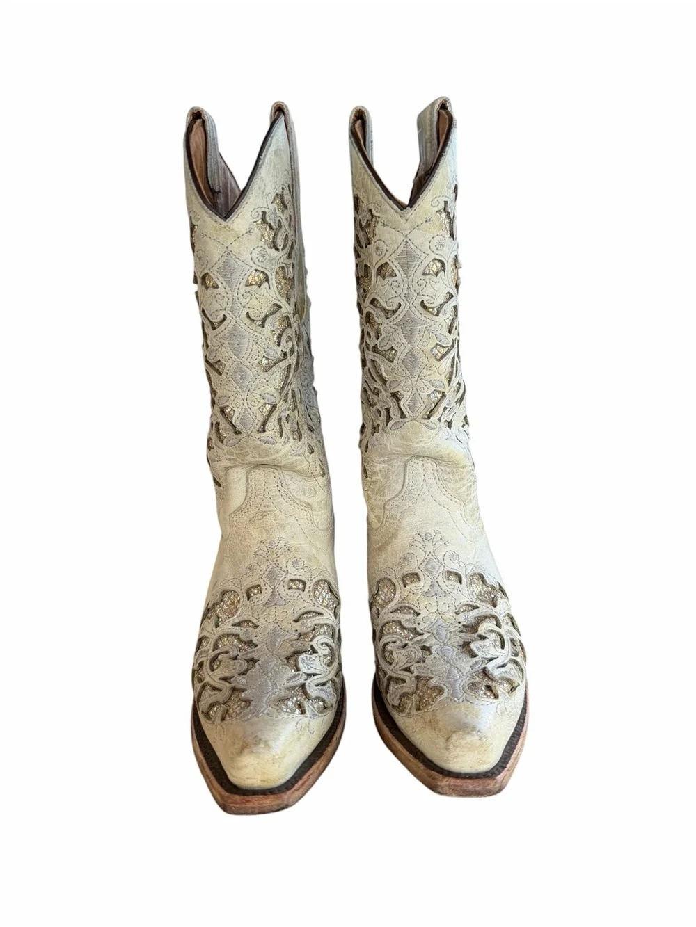 Corral Teens Off-White Glittered Inlay Snip Toe Cowboy Boots T0021 | Size 2